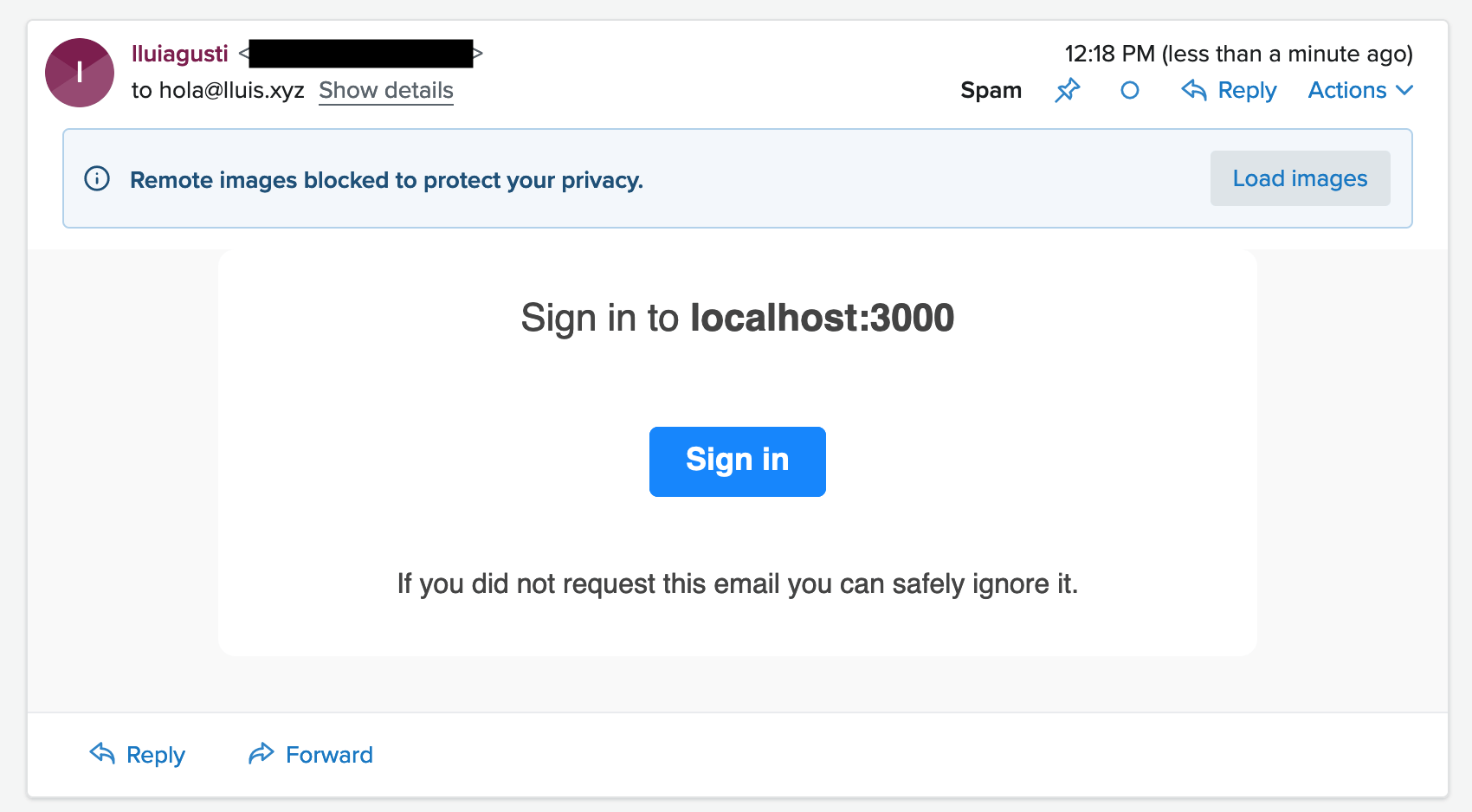 Screenshot of mailbox